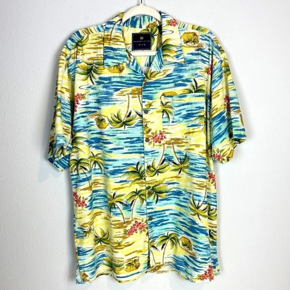 Robert Stock Silk Aloha Hawaiian Shirt Blue & Yellow XL